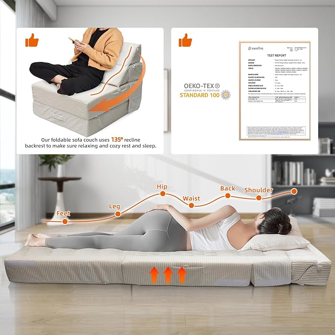 Cozy Folding Sofa Bed Convertible Sleeper Chair Couch Foldable Floor Mattress Comfy Portable Floor Sofa Lounge for Living Room Bedroom(77x26Beige White30D Density Foam) | Breathable Material