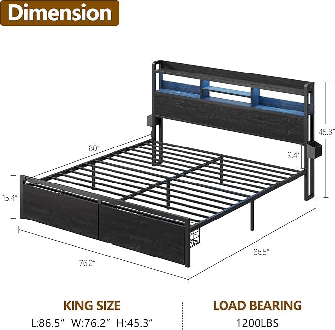 Furnulem King Bed Frame with Wood Headboard &amp Storage Drawers Metal Platform Bed Frames King Size with LED Lights Built in Charging Station No Box Spring Needed No Noise Easy Assembly Black