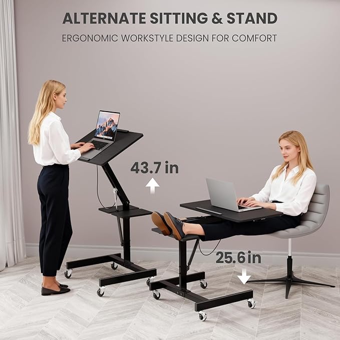 Mobile Standing Desk with Wheels Height Adjustable Laptop Table 27.56 Inch Portable Ergonomic Workstation with Locking Casters &amp Tilting Top White