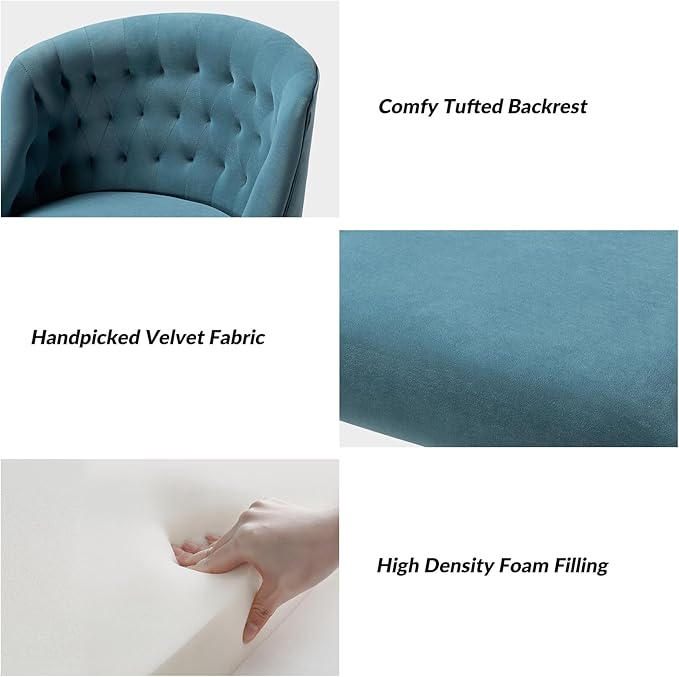 Velvet Home Office Chair with Gold Base Comfortable Modern Cute Desk Chair Height Adjustable Swivel Task Chair for Living Room Bedroom Vanity Study Blue