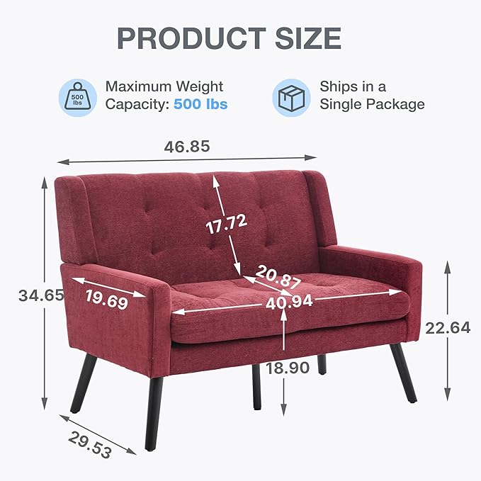 Mid-Century 47 Small Loveseat Sofa Plush Linen Fabric with Button Tufted High Back and Solid Wood Legs for Apartment Living Room Bedroom Home Office (Red 2-Seater)