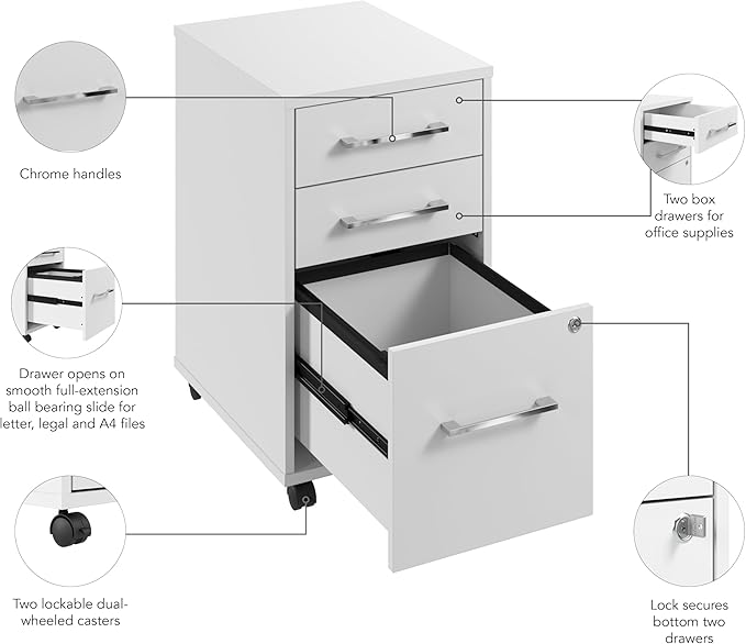 Bush Business Furniture 3 Drawer Rolling File Cabinet with Lock - Assembled Office Organization Hustle Collection White