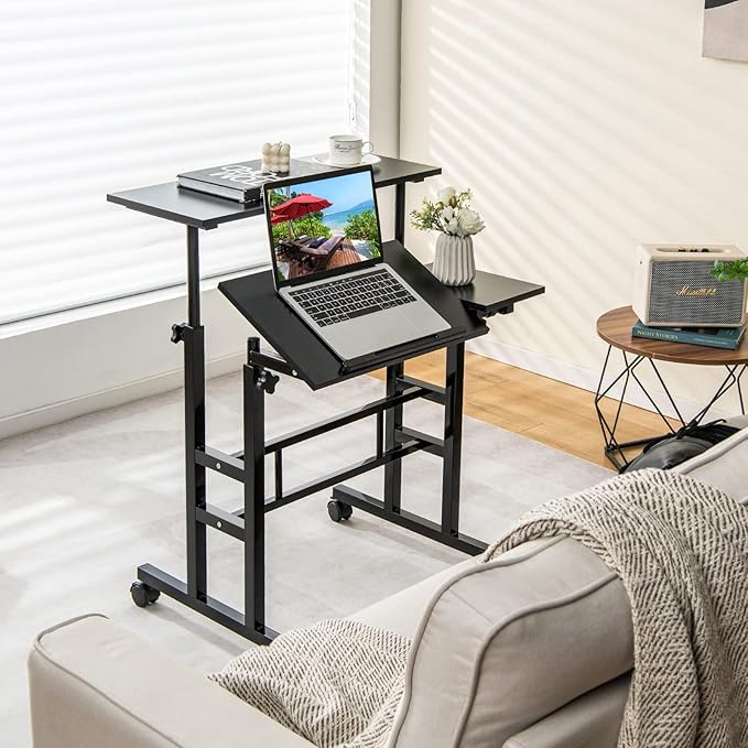 Giantex Mobile Standing Desk Height Adjustable Stand Up Desk with Wheels &amp Tilting Tabletop Rolling Laptop Cart Computer Workstation for Standing or Sitting Home Office Sit Stand Desk Black