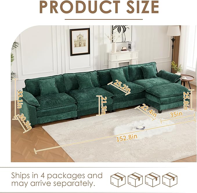 152.8 Modern Chenille Modular Cloud Sofa 4 Seater L Shaped Couch with Spring Cushions Featuring Deep Seats and Pillows Easy Assembly Comfy Large Sectional Couches for Living Room Green