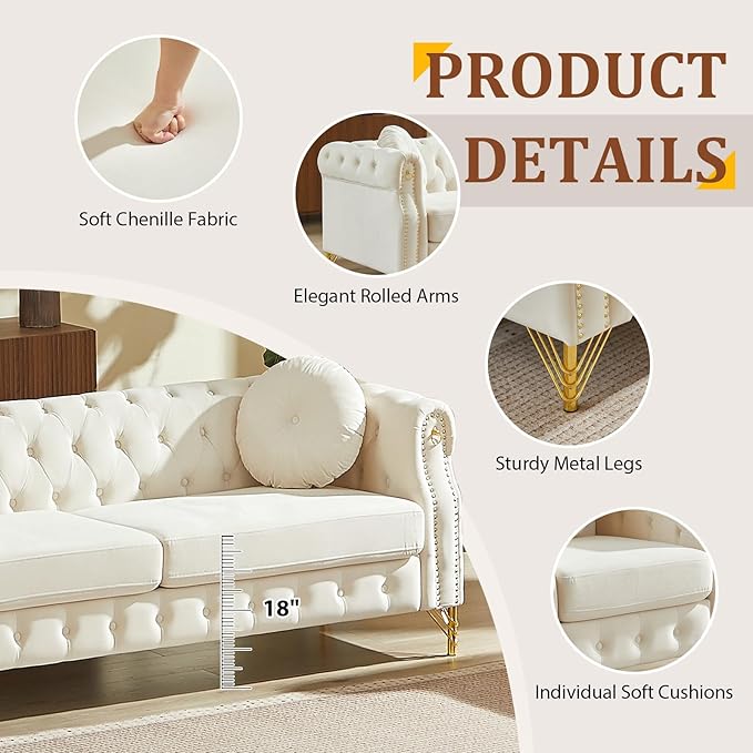 Chesterfield Velvet Button Tufted Sofa 2-Pieces 82&ampChair Modern 7-Deep Seater Couch Retro Style Upholstered Comfy Sectional Sofa for Living Room Bedroom Apartment Office Beige
