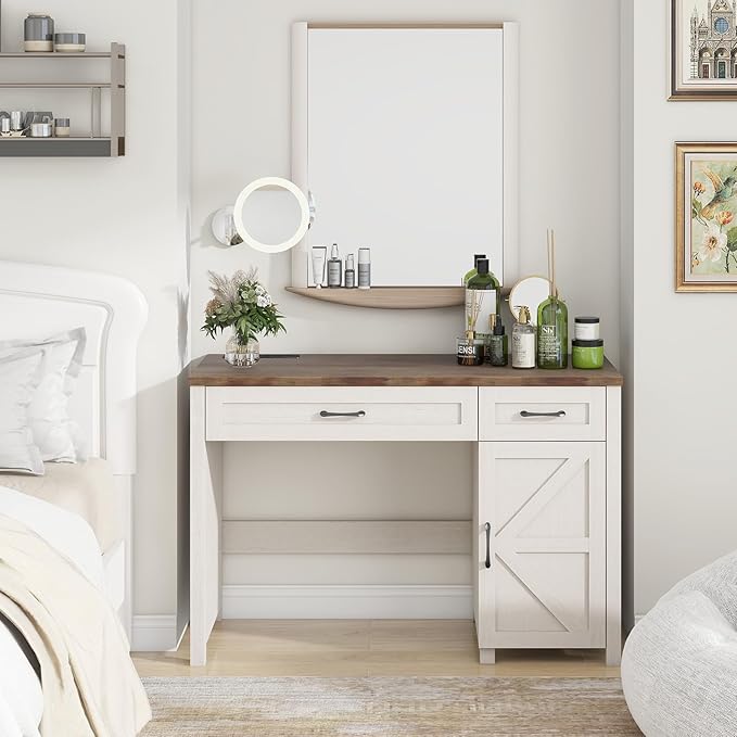 Farmhouse 47 Executive Desk Computer Desk with Drawers and Storage Cabinet Workstation Computer Desk for Home Office and Study Unique White