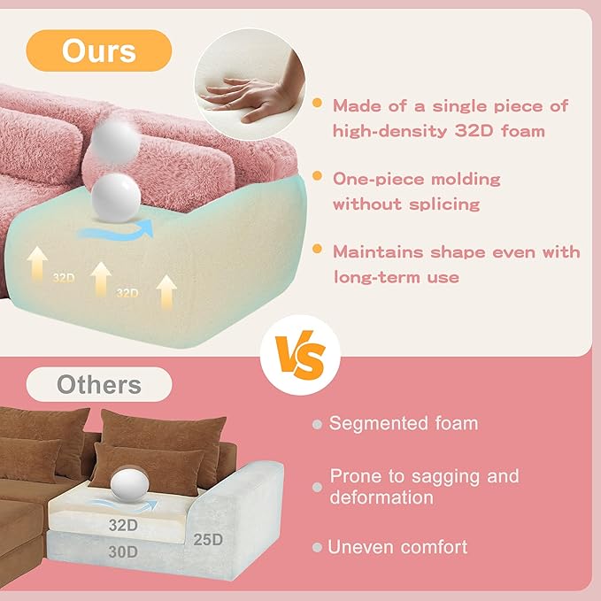 Boneless Couch Modular Sectional Sofa Comfy Cloud Couch No Assembly L Shaped Couches 80.4 Modern Sectional Couches for Living Room Deep Seat Loveseat Sofa Floor Sofas Anti-SlipPink