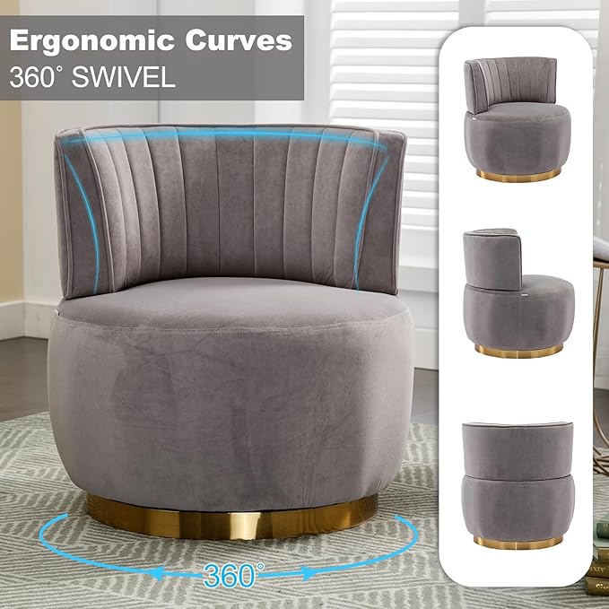 Luxyhome 360 Swivel Barrel Chair Velvet Modern Accent Chair Upholstered Mid Century Comfy Arm Chair Round Sherpa Side Chair for NurseryLiving RoomBedroomOfficeWaiting RoomGrey