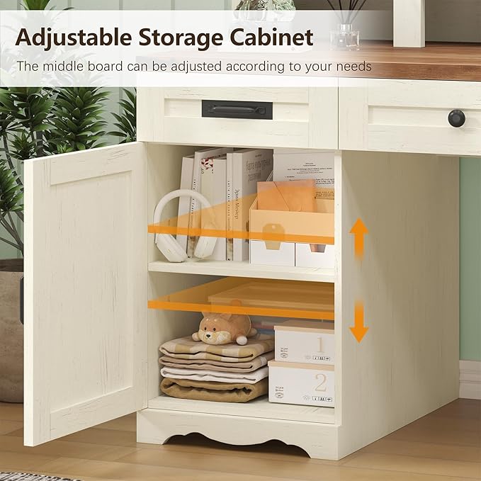 Farmhouse Executive Desk with Drawers &amp Storage Shelves 55 Computer Desk with Power Outlets Home Office Desk with Monitor Stand &amp File Drawers Writing Study Table Antique White
