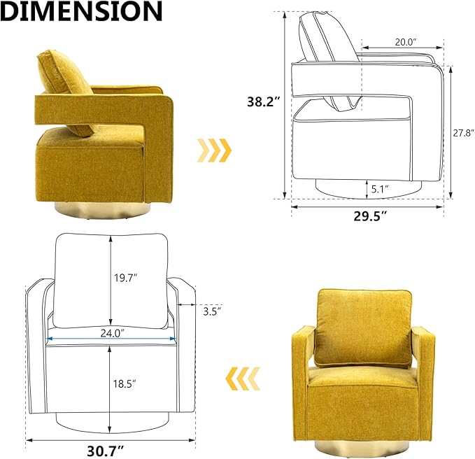 ODUWA Swivel Barrel ChairsModern Square Chenille Arm Chair with Gold Stainless Steel BaseUpholstered Comfy 360 Degree Swivel Single Club ChairLeisure Chair