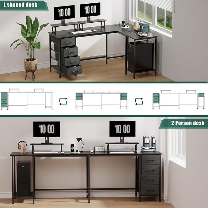 59 inch L Shaped Computer Desk with Power Outlets Home Office Desk with 4 Adjustable Storage Drawers &amp 2 Monitor Stands Two Person Gaming Table for Bedroom Black