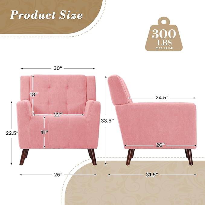 Athena Collection Wingback Accent Chair for Living Room Comfy Linen Fabric Upholstered Reading Chair for Adults Single Sofa Armchair for Bedroom Dorm Balcony Pink