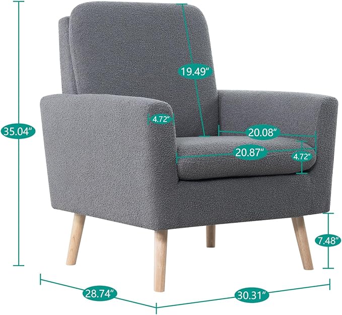 Naomi Home Frida Mid - Century Accent Chairs Set of 2 Durable Wood Frame Living Room Chairs Set of 2 Reading Chair with armrest Soft Teddy Fleece Side Chair Oak Legs arm Chairs - Gray