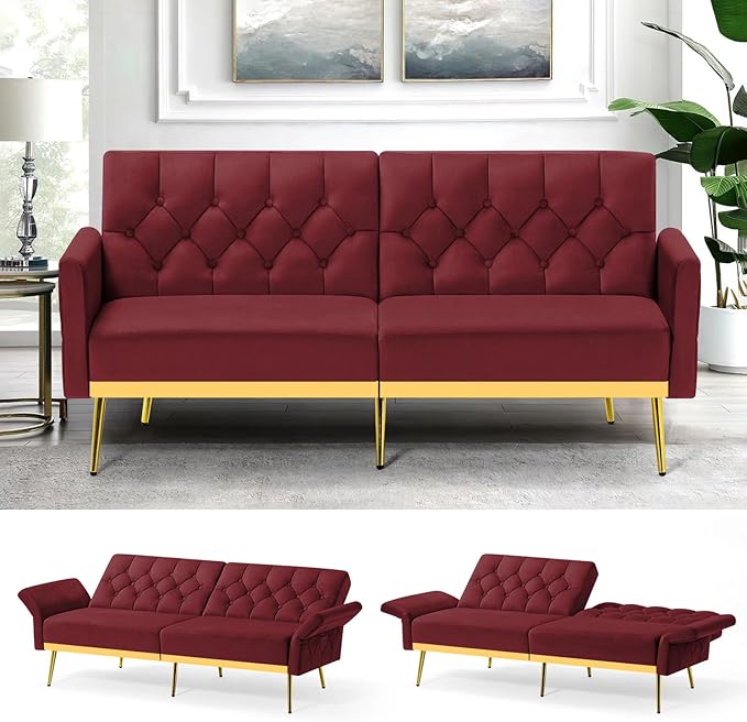 Velvet Sofa Bed w/Adjustable Armrests &amp Backrests Modern Convertible Sleeper Sofa Tufted Futon Sofa for Bedroom Living Room Apartment Red
