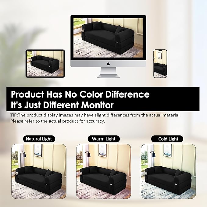 80 Convertible Sofa Bed 3-in-1 Corduroy Folding Pull Out Couch with Pillows No Assembly Modern Boneless Couch Compression Sofa in Box Floor Sofa with Side Storage for Living RoomBlack