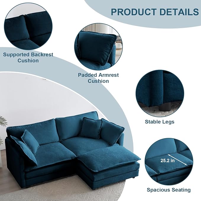 76.7 L-Shaped Modular Sectional Sofa 2 Seater Chenille Loveseat with Ottoman Blue Deep Seat Cloud Couch for Small Living Room Apartment Easy Assembly &amp Clean Flexible Combination