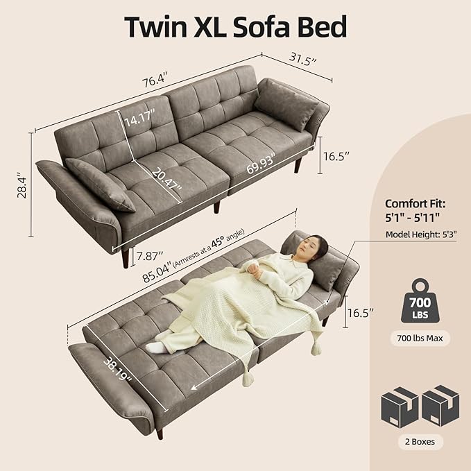 Futon Sofa Bed Sleeper Sofa Small Couch with Storage Adjustable Armrests Pillows Faux Leather Loveseat Mid Century Modern Couches for Living Room Bedroom Apartment Grey