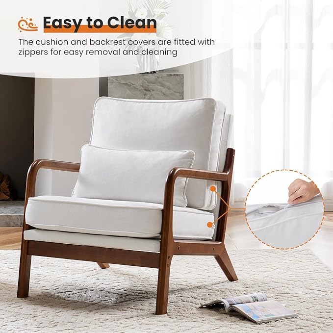 Modern Accent Mid Century Living Room Chairs with Lumbar Pillow Upholstered Comfy Rocking Chair with Wood Frame for Bedroom