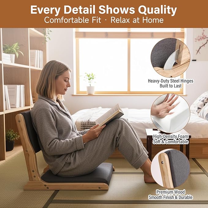 Tiita Floor Chair with Back Support Foldable Meditation Tatami Chairs Backrest Chair with Cushion Living Room Chair Seat 4 Pack Wood Dark Grey