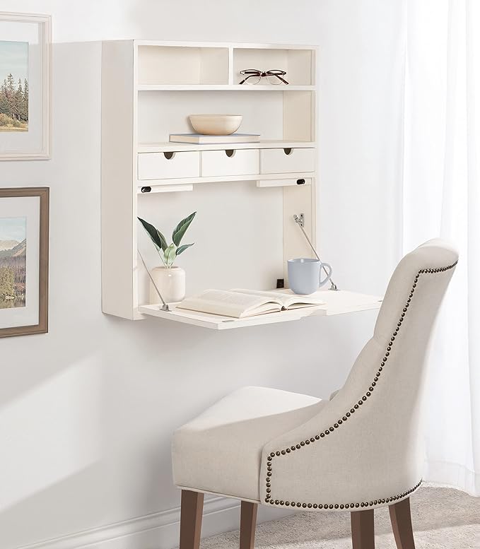 Kate and Laurel Georgie Rustic Wood Floating Desk 26 x 6 x 30 White Transitional Computer Desk for Home Office with Folding Design