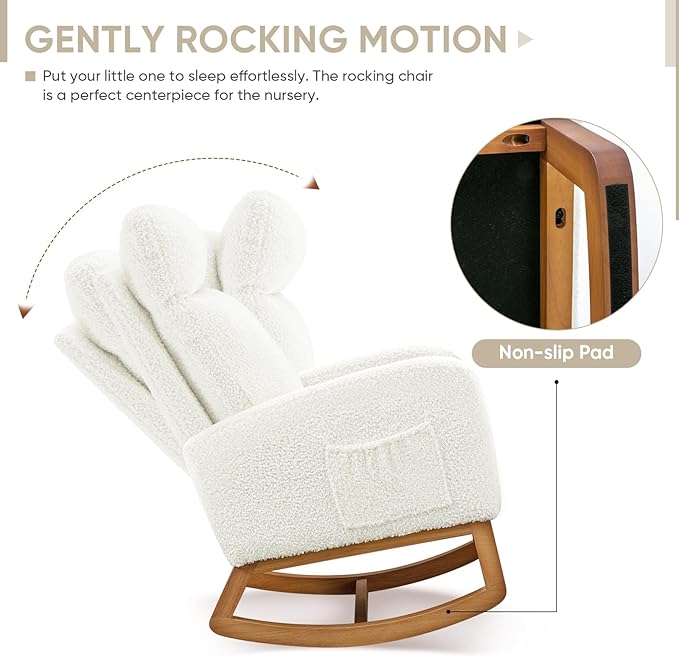 Nursery Rocking Glider Chair Modern Fabric Tall Back Accent Rocker Chair Upholstered Arm Chair w/Side Pockets Modern Leisure Single Sofa for Living Room Hotel Bedroom Office Cream
