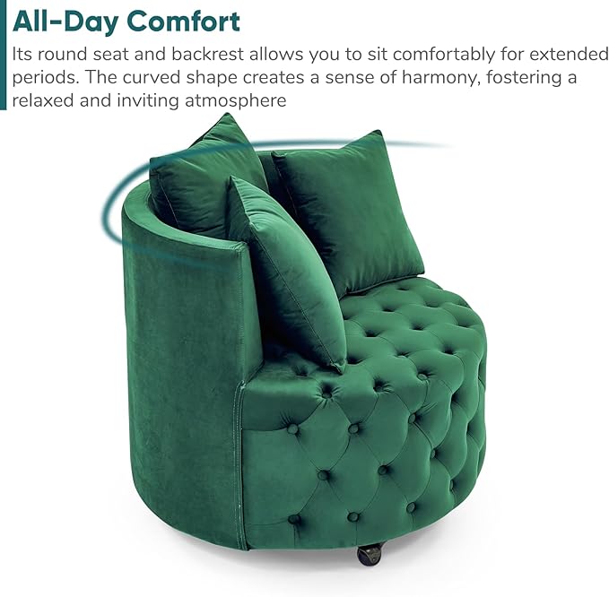 JOYBASE Swivel Barrel Chair Round Swivel Accent Chair with 3 Pillows Cozy Comfy Lounge Chair Circle Club Chair Armchair Modern Sofa Chair for Living Room Bedroom (Green Velvet)