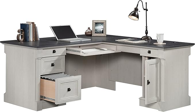 Sauder Palladia L Shaped Desk with Drawers Office Desk with File Cabinet Storage Cable Management Keyboard Tray in Glacier Oak Finish