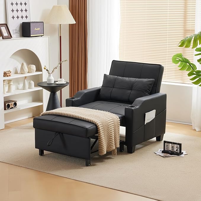 VINGLI Black Sleeper Chair Bed 3-in-1 Convertible Futon Sofa Bed Pull Out Couch Bed Adjustable Recliner Chair with USB Ports Cup Holders Side Pockets for Living Room Bedroom Small Spaces