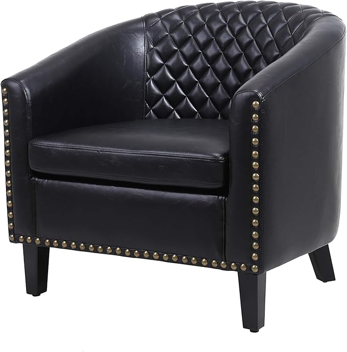 Accent Barrel Chair Living Room Chair with Nailheads and Solid Wood Legs Black pu Leather