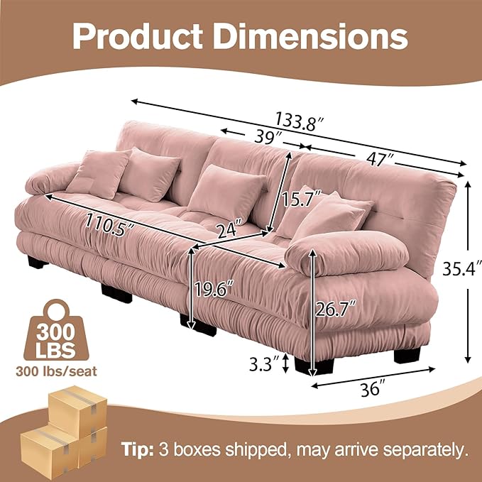 133.8 Oversized Modular Sectional Sofa Couch Chenille Deep Seat Cloud Couch with Thick Seat Cushion Modern 3 Seater Modular Sofa Comfy Upholstered Sectional Couches for Living Room Pink