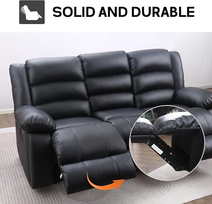 EBELLO Faux Leather Manual Reclining Sofa with 2 Concealed Cup Holders Overstuffed Armrest 3 Seat Recliner Couch for Living Room Bedroom Meeting Room Black
