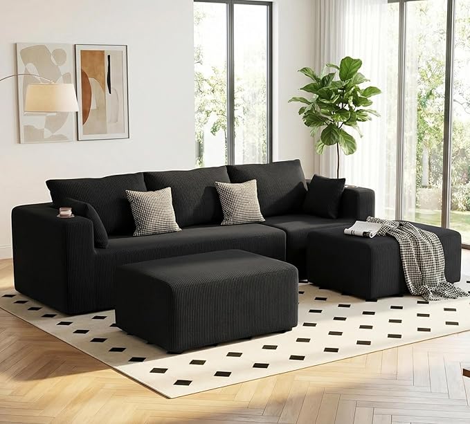 Furnimart 112 Oversized 3 Seater Sleeper Couch Sectional Sofa Bed Boneless Cloud Couches for Living Room Modern Deep Seat Modular Sofa No Assembly Corduroy Black