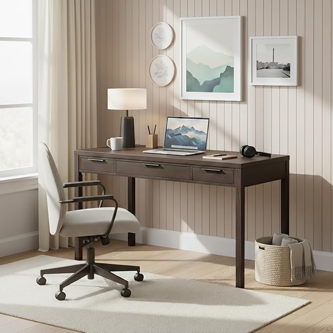 SIMPLIHOME Hollander Desk - 60 Inch Wide Solid Wood Writing Desk in Dark Brown Walnut Contemporary Home Office Computer Table for Workspace or Study with 2 Drawers and Flip-Down Keyboard Tray