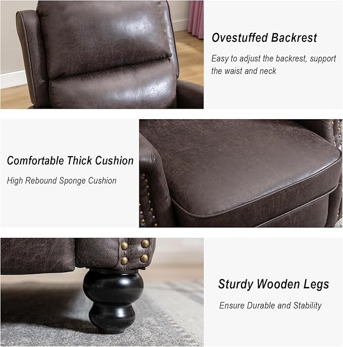 CANMOV Pushback Recliner Chair Faux Leather Armchair Push Back Recliner with Rivet Decoration Single Sofa Accent Chair for Living Room Dark Grey