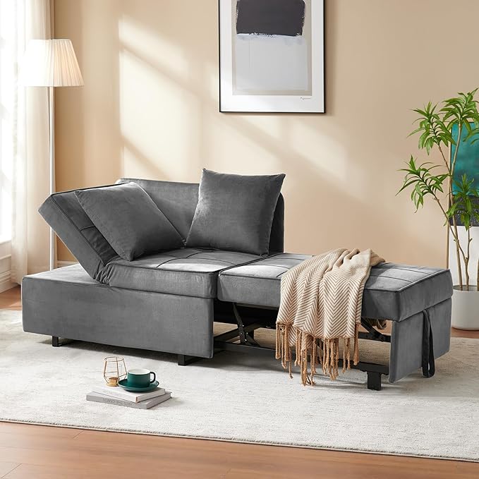 Sofa Bed 4-in-1 Convertible pull out Couch Velvet Love seat Couch Sleeper Chair Bed with 2 Throw Pillow Single Recliner with 5 Adjustable Backrests for Living Room Apartment Small Space Light Grey