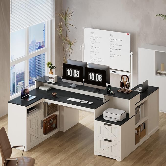 TVU Farmhouse L Shaped Desk with Drawers 62.2 Home Office Desk with Storage Shelves and Power Outlet L Shaped Computer Desk with Monitor Stand and Printer Shelf Black and White