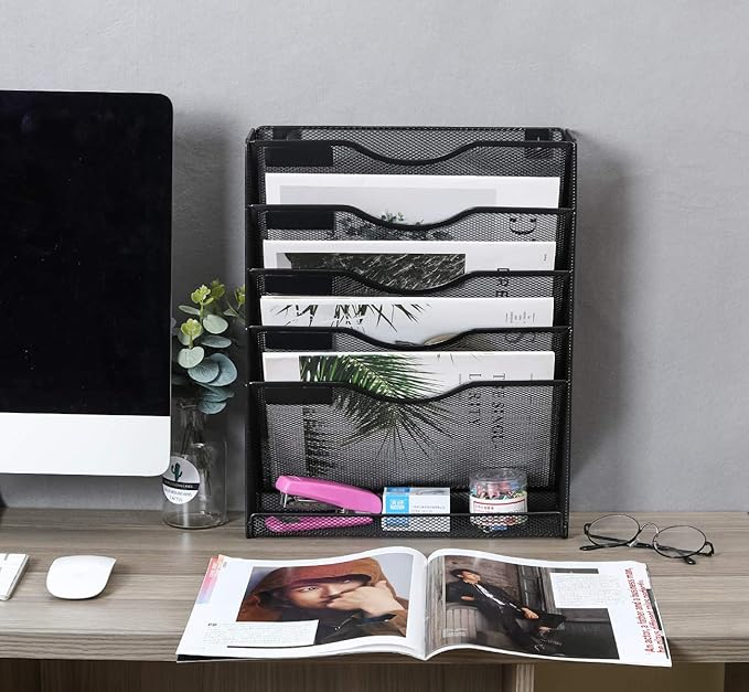 EasyPAG 5 Tier Wall File Holder Mesh Hanging Folder Organizer with Classify Label Versatile Desk File Holder Vertical Wall Mounted Mail Organizer for Office Home Cubicle Black Closed Sides
