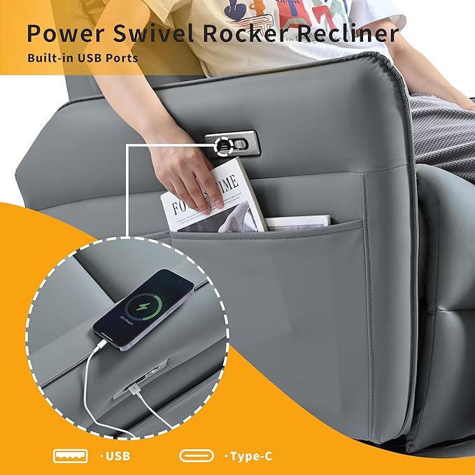 Ball &amp Cast Power Recliner Chair with USB and Type-c PortsSwivel Rocker Recliner Sofa W/Padded BackrestInfinite Position Power Lift Chairfor Living RoomBedroomHome TheatersBlue-Gray