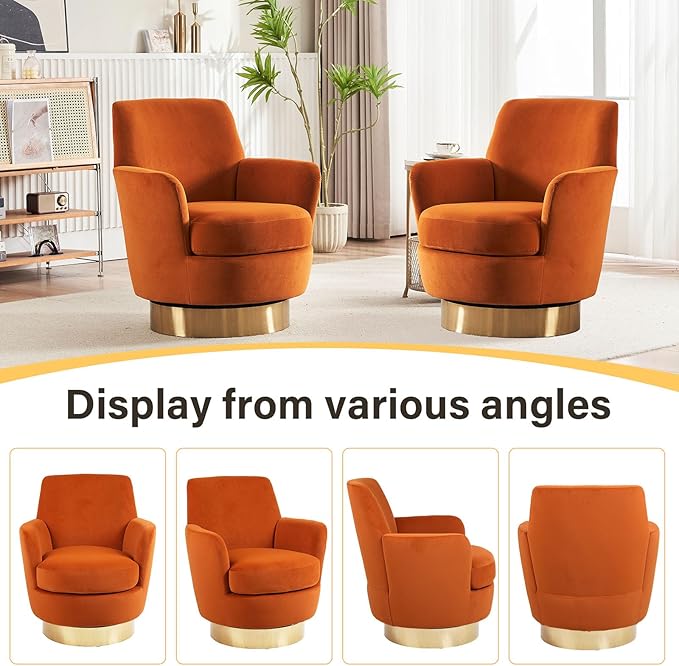 Swivel Barrel ChairModern Velvet Upholstered Round Swivel Accent Chairs with Tall Backrest360 Degree Single Sofa Chair Armchair for Living Room (Orange*1PCS)
