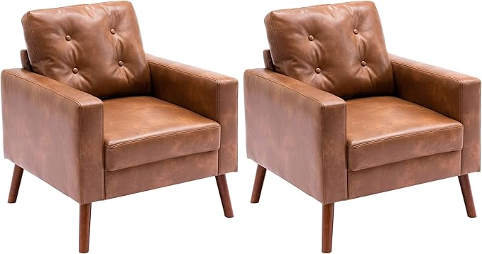 VESCASA Tufted Accent Arm Chairs with Wood Legs Faux PU Leather Comfy Upholstered Single Sofa Mid Century Modern Side Club Leisure Chairs for Reading/Living Room/Bedroom Set of 2 Caramel