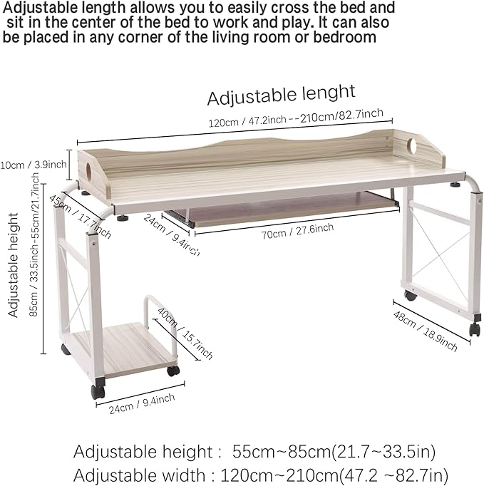 83 in-Lenght Height Adjustable Standing Desk Rolling Laptop Computer Desk with Wheels Storage Cabinets Mobile Computer Table Bed Desk Rising Table Writing Work Station for Home Office Study