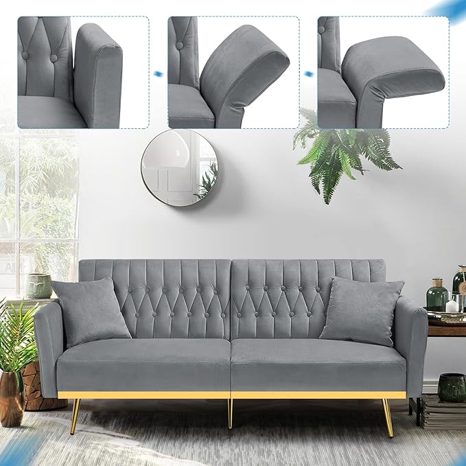 70” Velvet Futon Sofa Bed with 2 Pillows and Adjustable Armrests Convertible Sleeper Bed W/Adjustable Backrests Modern Loveseat for Living Room Bedroom Light Grey