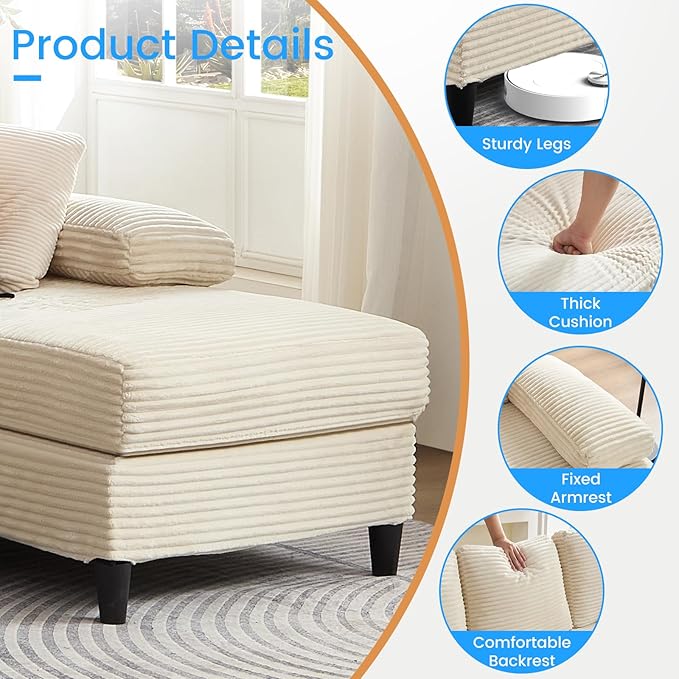 PUREMIND Sectional U Couches for Living Room U Shaped Sofa with Double Chaise Lounge and Sleepable Armrests Corduroy 4 Seater Sectional Sofa Living Room Furniture
