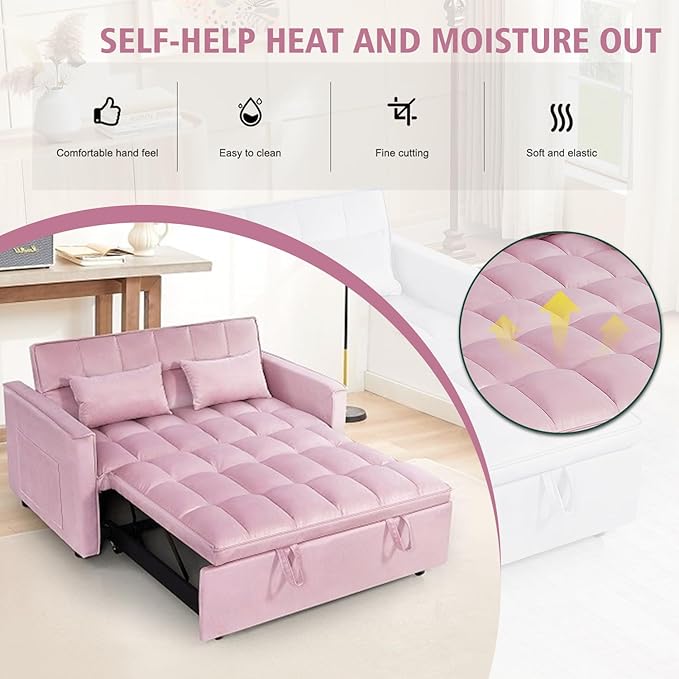 3 In 1 Velvet Convertible Sofa Bed Pull Out Couch Bed with Reclining Backrest And 2 Pillows 54 Full Size Loveseat Sleeper Sofa Futon Couch Bed Couches For Small Spaces Living Room (Pink)