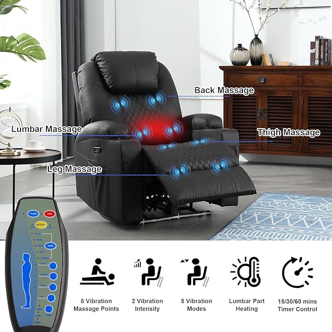 Power Recliner Chair with Heat and Massage PU Leather Home Theater Seating with LED Lights/Cup Holders/Side Pocket/USB Port Reclining Sofa Chair for Living Room (2 Black)