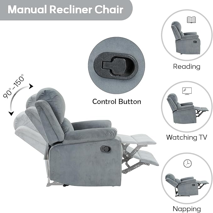 EBELLO Classic Manual Recliner Chair with Soft Padded Headrest and Armrest Overstuffed Recliner Single Sofa Chair for Living Room Bedroom Grey