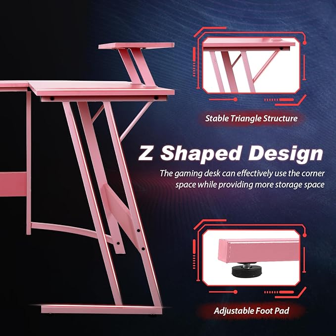 PayLessHere L Shaped Gaming Desk Corner Desk Computer Desk with Large Desktop Studying and Working and Gaming for Home and Work PlacePink