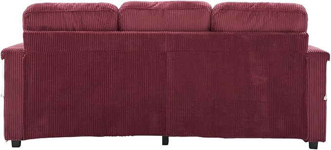 76.8 L-Shaped Sleeper Sofa with Storage Ottoman USB Ports Cup Holders&ampLED Lights Side Pockets Comfy Corduroy Modern 3-Seater Small Couch Bed for Living Room with 2 Throw Pillows (Wine Red)