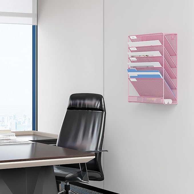 EasyPAG 5 Tier Wall File Holder Mesh Hanging Folder Organizer with Classify Label Versatile Desk File Holder Vertical Wall Mounted Mail Organizer for Office Home Cubicle Pink