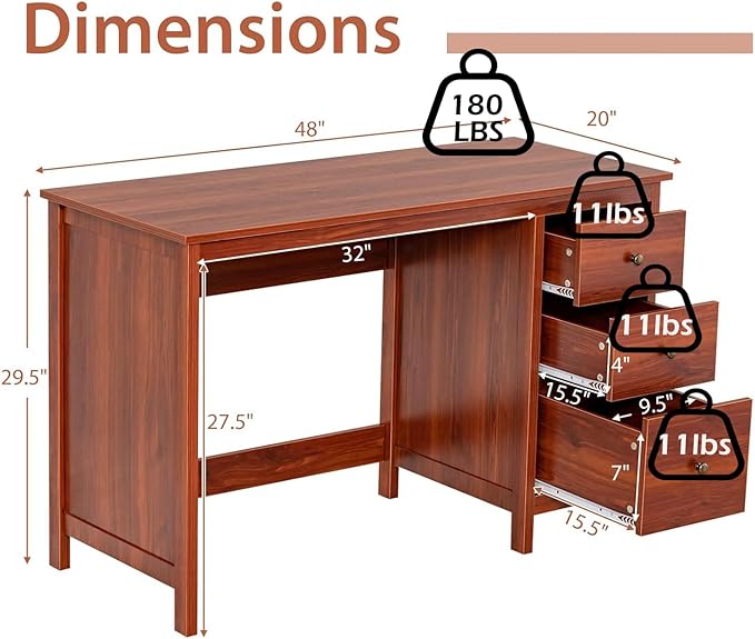 POWERSTONE 48 Inch Computer Desk with 3 Drawers Storage Computer Desk for Home Office Bedroom Large Study Writing Desk Home Office Desks Workstation (Red Brown)